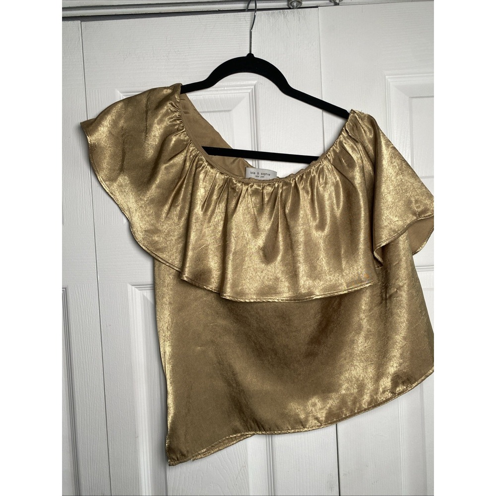 Lola & Sophie One Shoulder Ruffle Top Womens Size S Gold Metallic Party Blouse